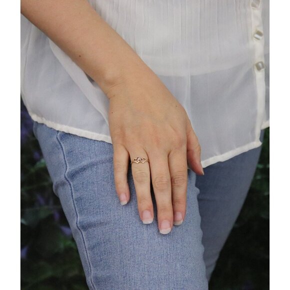 10k Yellow Gold Diamond Two Heart Ring Dainty Woman Teen Girl Size 5 1/4 - Picture 4 of 7